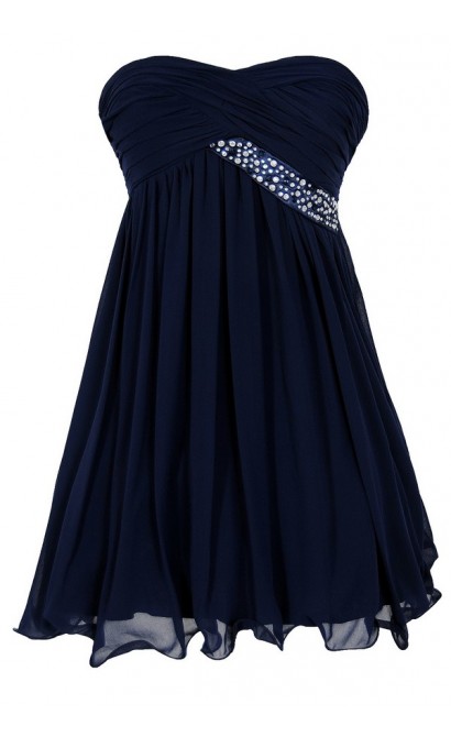 Trail of Stars Embellished Pleated Chiffon Party Dress in Navy